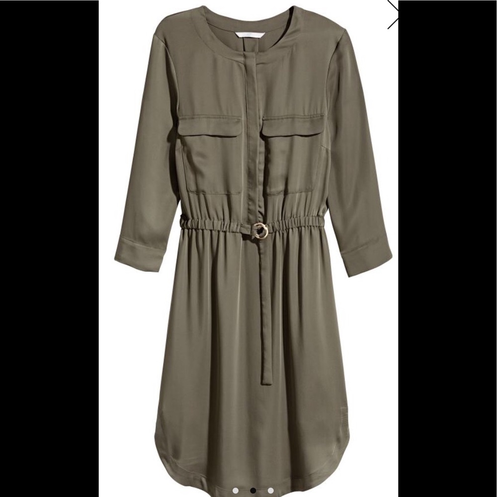 NWT H&M Olive Khaki Green Gold Satin Dress